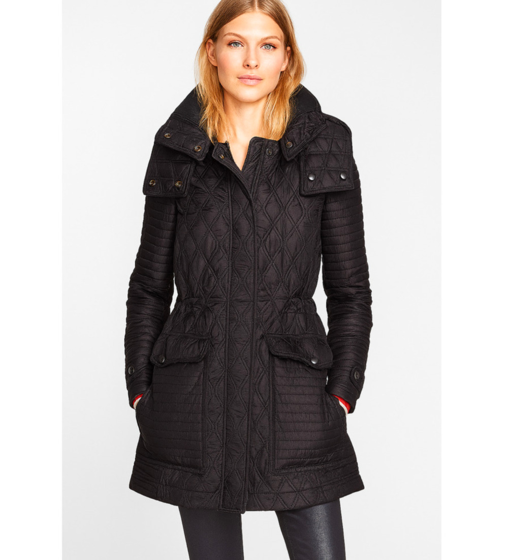 Burberry Brit Finsbridge Quilted Black Coat XS Belted Hooded Jacket Outerwear